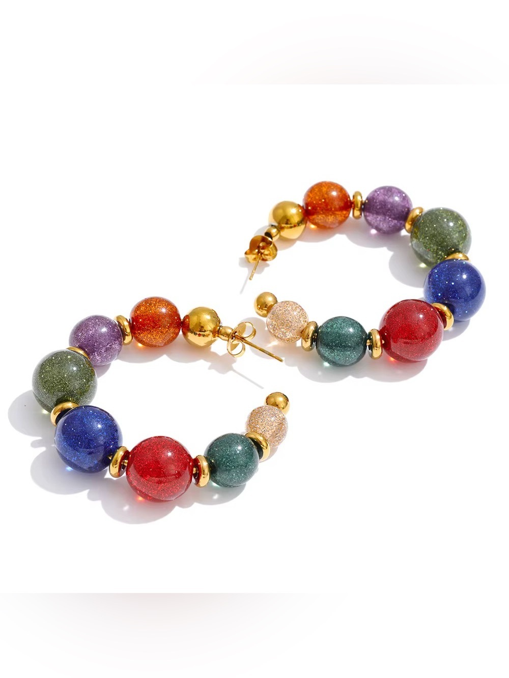 Multi-Color Beaded Hoop Earrings - Gold Accent